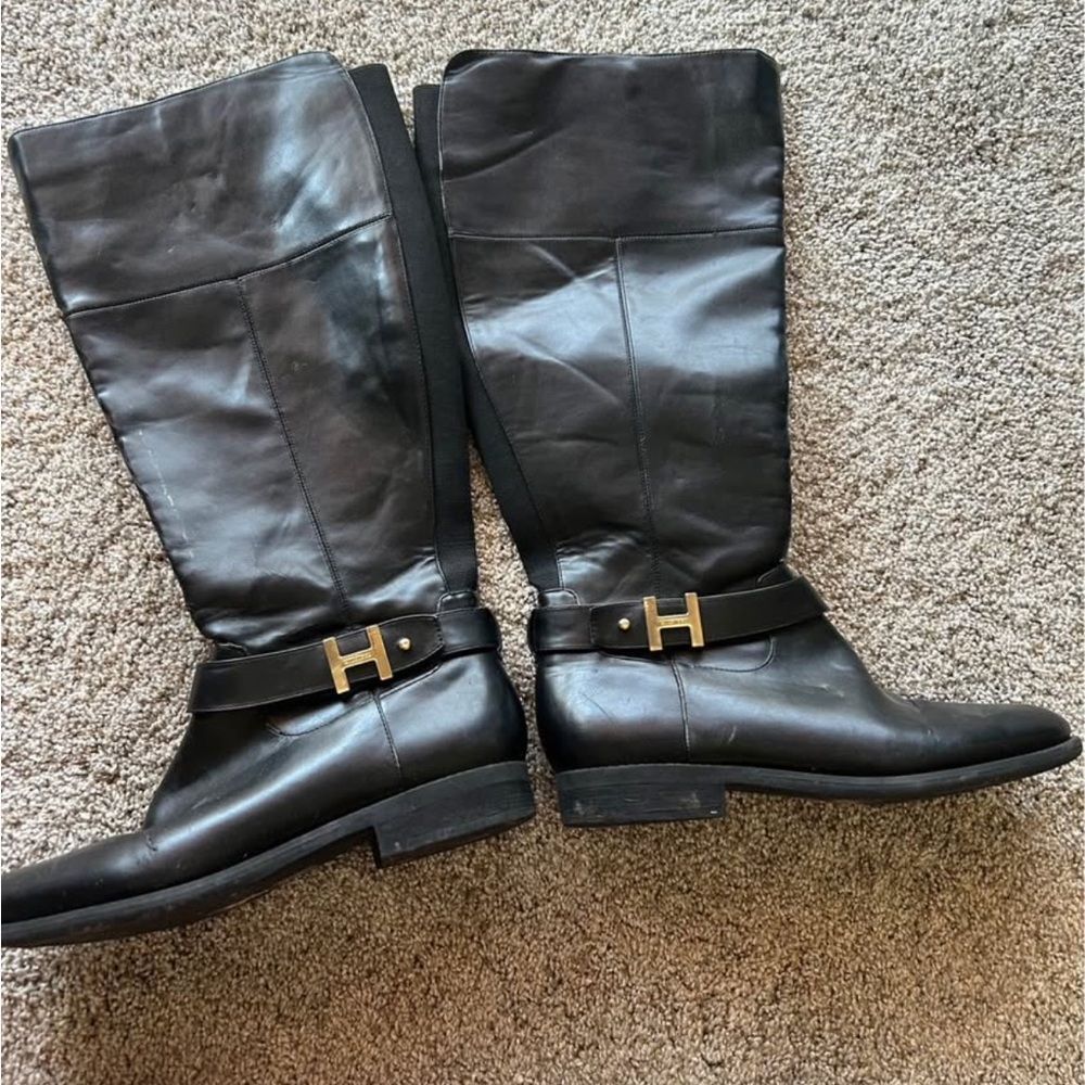 Black Leather Tommy Hilfiger wide calf Boots with Gold Buckle